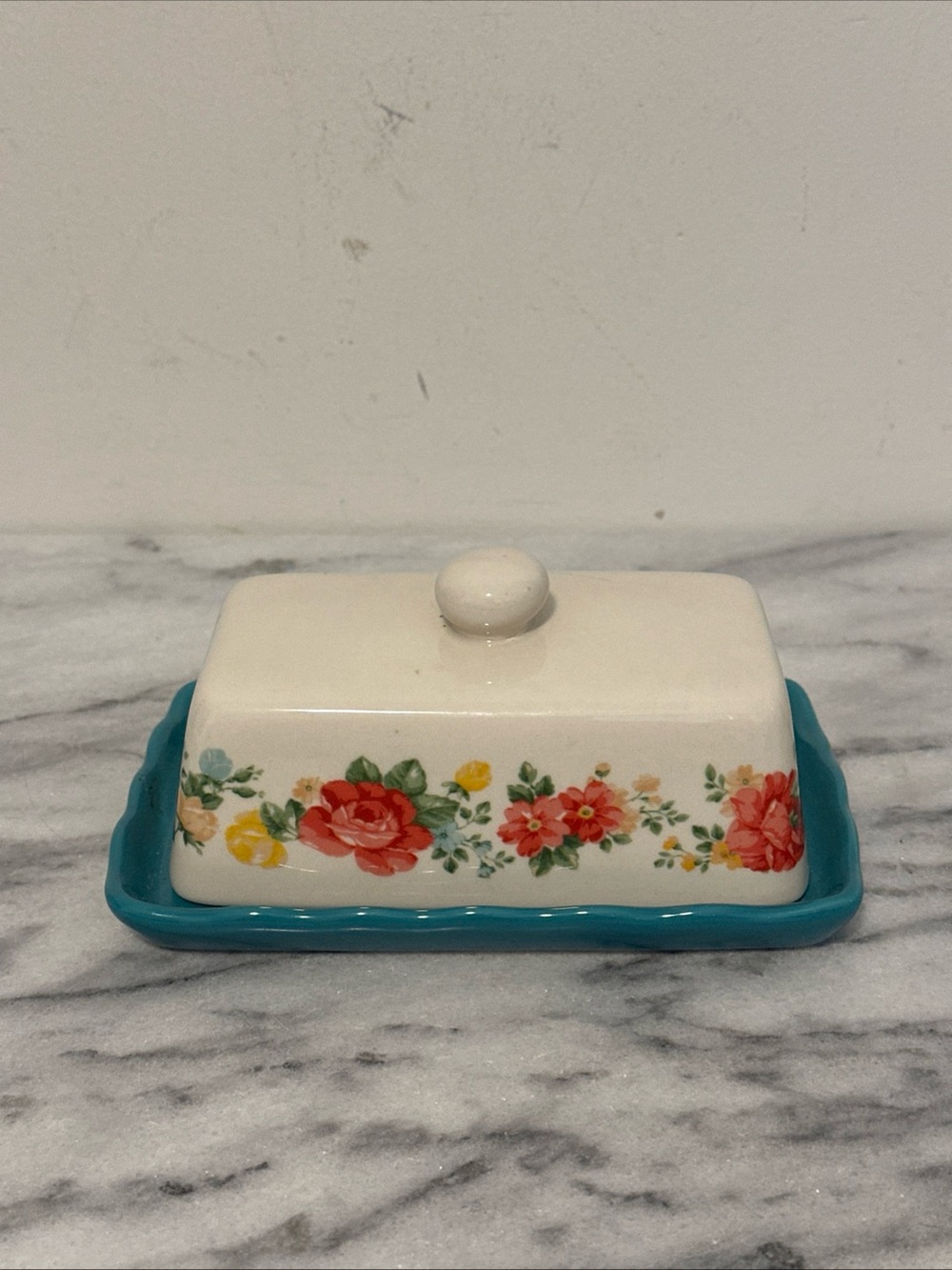 Pioneer woman Ceramic Floral Butter Dish with Teal Base